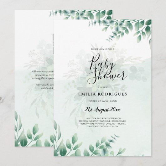 Greenery Gold Wedding Eucalyptus Blätter QR CODE Einladung (Vorne/Hinten)