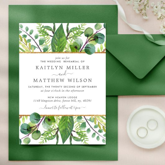 Greenery & Gold Wedding Probe Dinner Einladung
