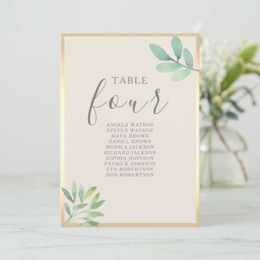 Greenery Gold Wedding Seating Chart (Stehend Vorderseite)