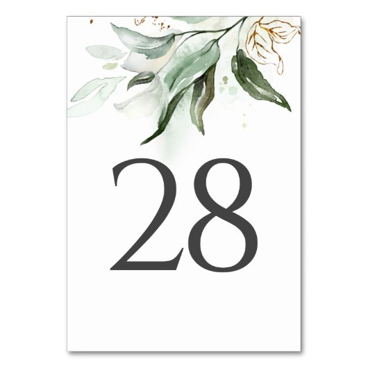 Greenery & Gold Wedding Tischnummer Cards (Vorderseite)