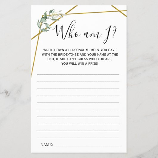 Greenery Gold Wer bin ich? Brautparty-Spielkarte Flyer (Vorne)