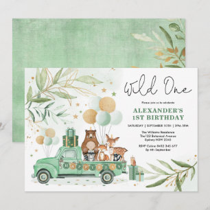 Greenery Gold Woodland Tiere Wild One Birthday Einladung