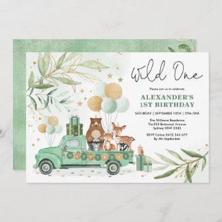 Greenery Gold Woodland Tiere Wild One Birthday Einladung