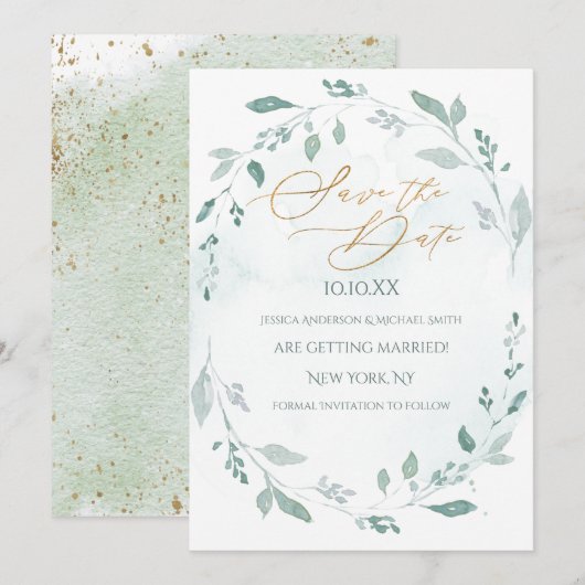 Greenery Gold Wreath Wasserfarbe Save the Date Einladung (Vorne/Hinten)