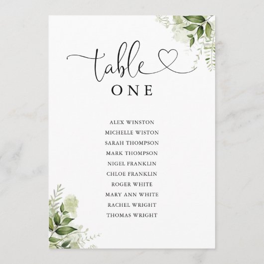 Greenery Heart Script Tischnummer Seating Chart (Rückseite)