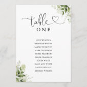 Greenery Heart Script Tischnummer Seating Chart (Vorderseite)