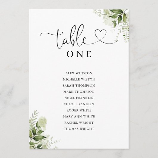 Greenery Heart Script Tischnummer Seating Chart (Vorderseite)