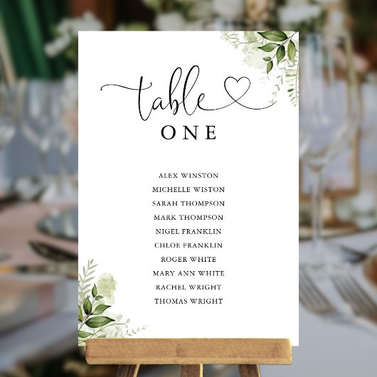 Greenery Heart Script Tischnummer Seating Chart