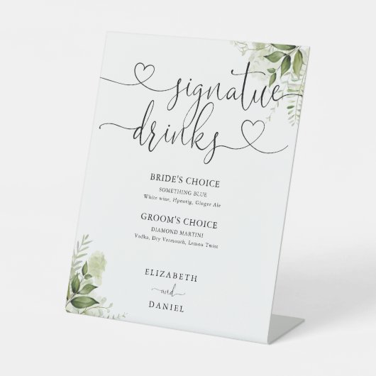 Greenery Heart Script Wedding Signature Drinks Sockelschild (Vorderseite)