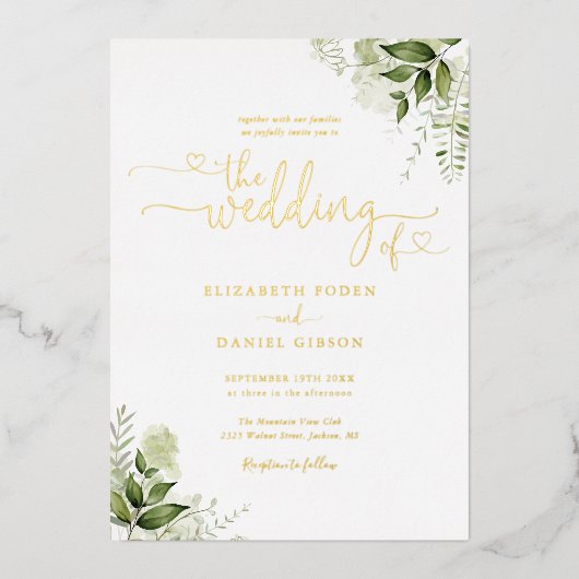 Greenery Hearts Script Calligraphy Wedding Gold Folieneinladung (Vorderseite)