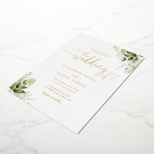 Greenery Hearts Script Calligraphy Wedding Gold Folieneinladung (Gedreht)