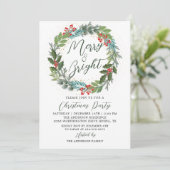Greenery Holly Berries Wreath Christmas Party Einladung (Stehend Vorderseite)