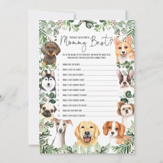 Greenery Hund, der die Mama Best Shower Game Card Einladung (Vorderseite)