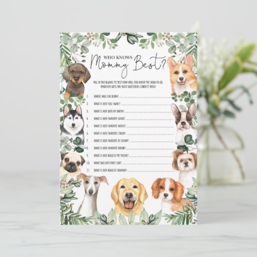 Greenery Hund, der die Mama Best Shower Game Card Einladung (Stehend Vorderseite)