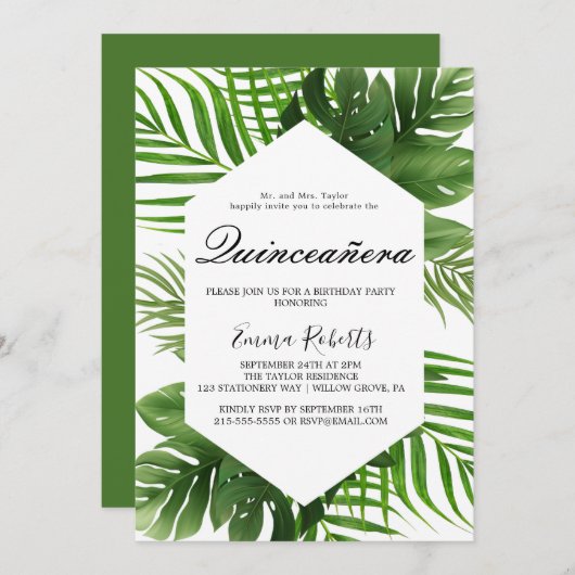 Greenery Hunter Green Quinceañera Einladung (Vorne/Hinten)