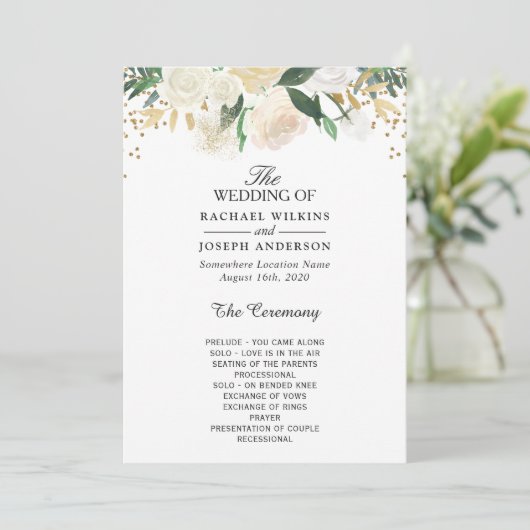 Greenery Ivory Floral Gold Glitzer Wedding Programm (Stehend Vorderseite)