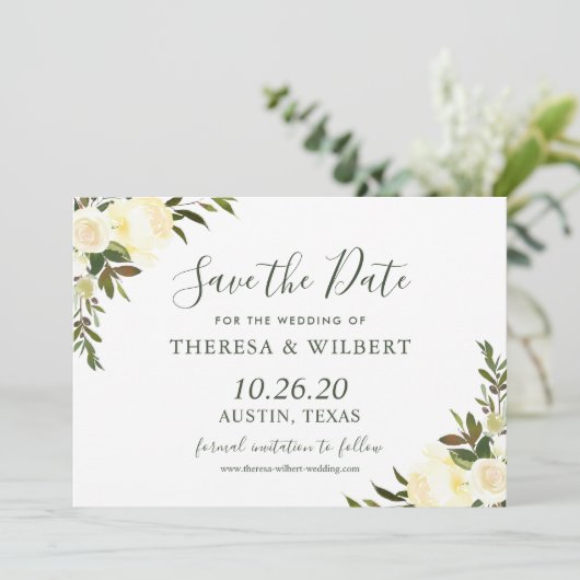 Greenery Ivory Wild Floral Save the Date (Stehend Vorderseite)