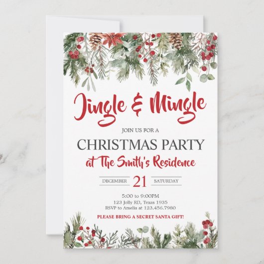 Greenery Jingle and Mingle Christmas Party Einladung (Vorderseite)