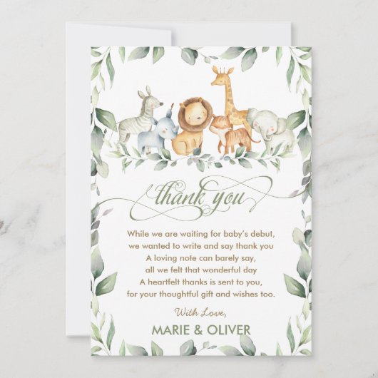 Greenery Jungle Animals Baby Shower Geburtstag Dankeskarte (Vorderseite)