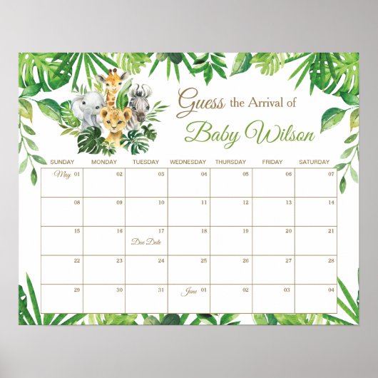 Greenery Jungle Animals Ratet Baby's Due Date Game Poster (Vorne)