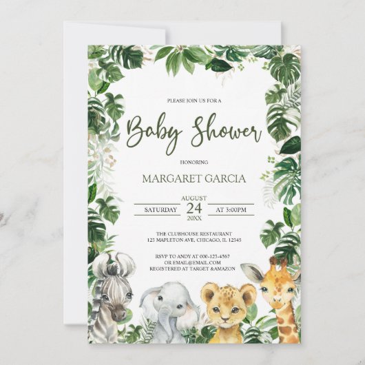 Greenery Jungle Safari Animals Baby Shower Einladung (Vorderseite)
