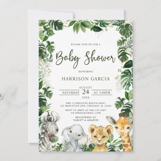 Greenery Jungle Safari Animals Baby Shower Einladung (Vorderseite)