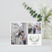 Greenery Just Married Wedding Fotos Ankündigungspostkarte (Stehend Vorderseite)