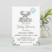 Greenery Koala Blue Balloon Baby Shower Einladung (Stehend Vorderseite)