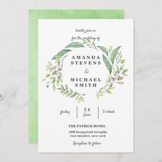Greenery Laurel Olive Wreath Watercolor Wedding Einladung (Vorne/Hinten)