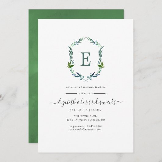 Greenery Laurel Wappen Bridesmaid's Luncheon Einladung (Vorne/Hinten)