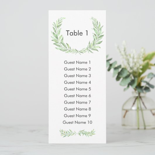 Greenery Laurel Wreath Guest Seating Plan Einladung (Stehend Vorderseite)