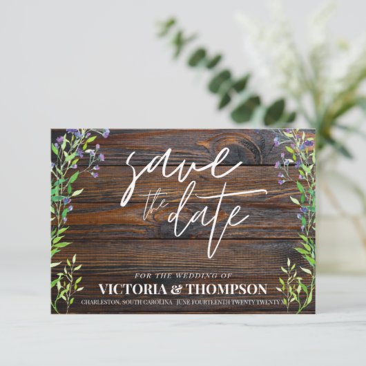 Greenery Lavender Wood Rustic Wedding Save The Date (Stehend Vorderseite)