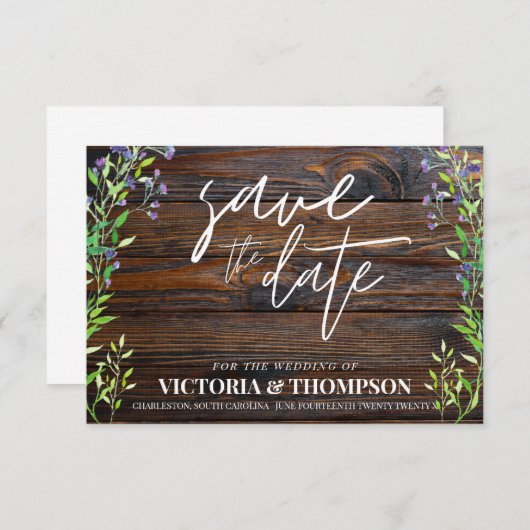 Greenery Lavender Wood Rustic Wedding Save The Date (Vorne/Hinten)