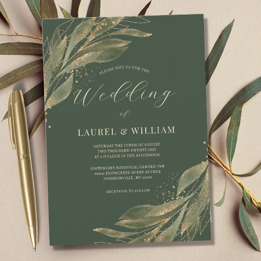 Greenery Leaf Green Gold Elegante Hochzeit Einladung