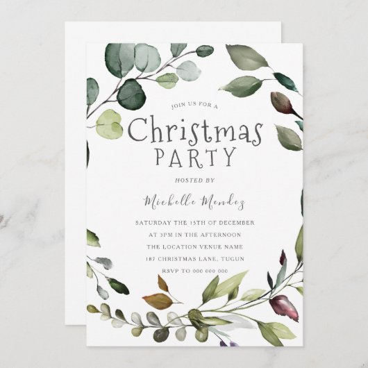 Greenery Leaf Wreath Watercolor Weihnachtsgebäck P Einladung (Vorne/Hinten)
