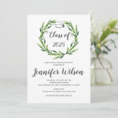 Greenery Leafy Wreath Grad Cap Abschluss Einladung (Stehend Vorderseite)