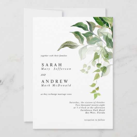 Greenery Leaves Modern Minimal Wedding Einladung (Vorderseite)
