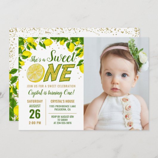 Greenery Lemon Sweet One Birthday Foto Invi Einladung (Vorne/Hinten)