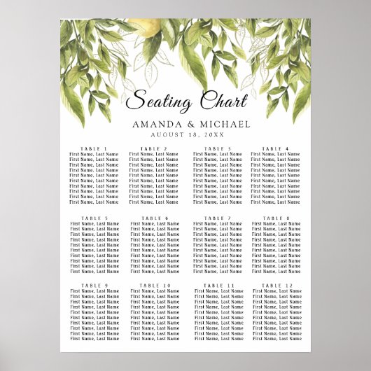 Greenery Lemons Rustikale Hochzeitssitzkarten Poster (Vorne)