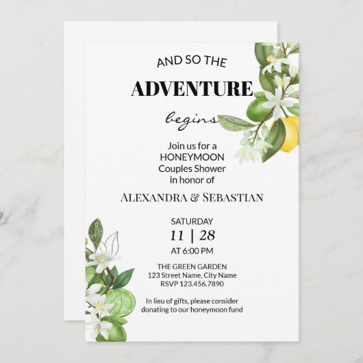 Greenery Lemony Honeymoon Dusche Einladung (Vorne/Hinten)