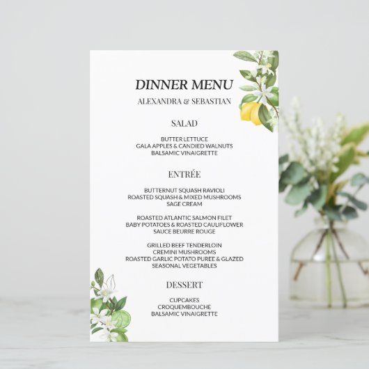 Greenery Lemony Wedding Dinner Menu (Stehend Vorderseite)