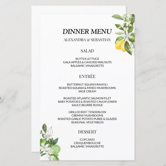 Greenery Lemony Wedding Dinner Menu (Vorne/Hinten)