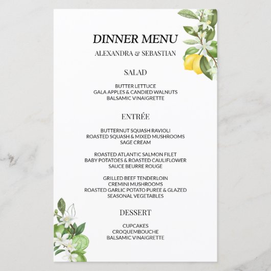 Greenery Lemony Wedding Dinner Menu (Vorderseite)