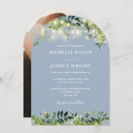 Greenery Lights Arch Dusty Blue Foto Wedding Einladung