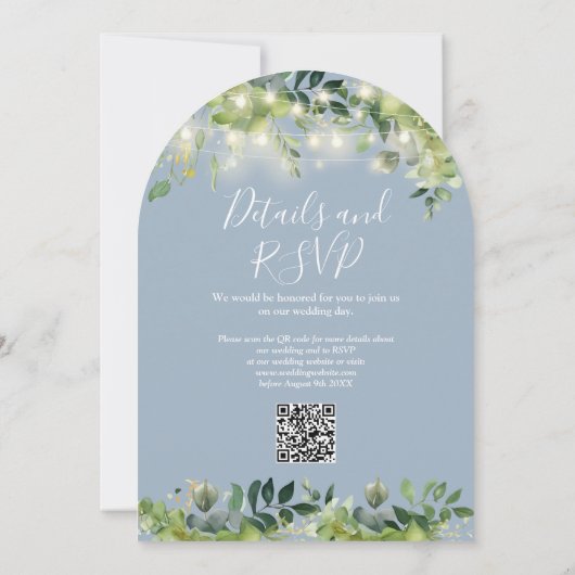 Greenery Lights Arch Dusty Blue QR Code Wedding Einladung (Rückseite)