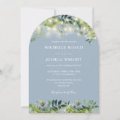 Greenery Lights Arch Dusty Blue QR Code Wedding Einladung (Vorderseite)