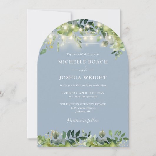 Greenery Lights Arch Dusty Blue QR Code Wedding Einladung (Vorderseite)