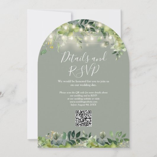 Greenery Lights Arch Sage Green QR Code Hochzeit Einladung (Rückseite)
