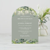 Greenery Lights Arch Sage Green QR Code Hochzeit Einladung (Stehend Vorderseite)