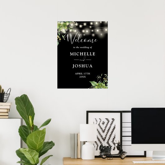 Greenery Lights Black Wedding Willkommenszeichen Poster (Heimbüro)